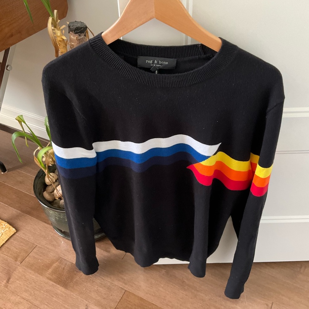 rag & bone Black Wool Sweater with Multicolor Stripes (Size M, fits true to size